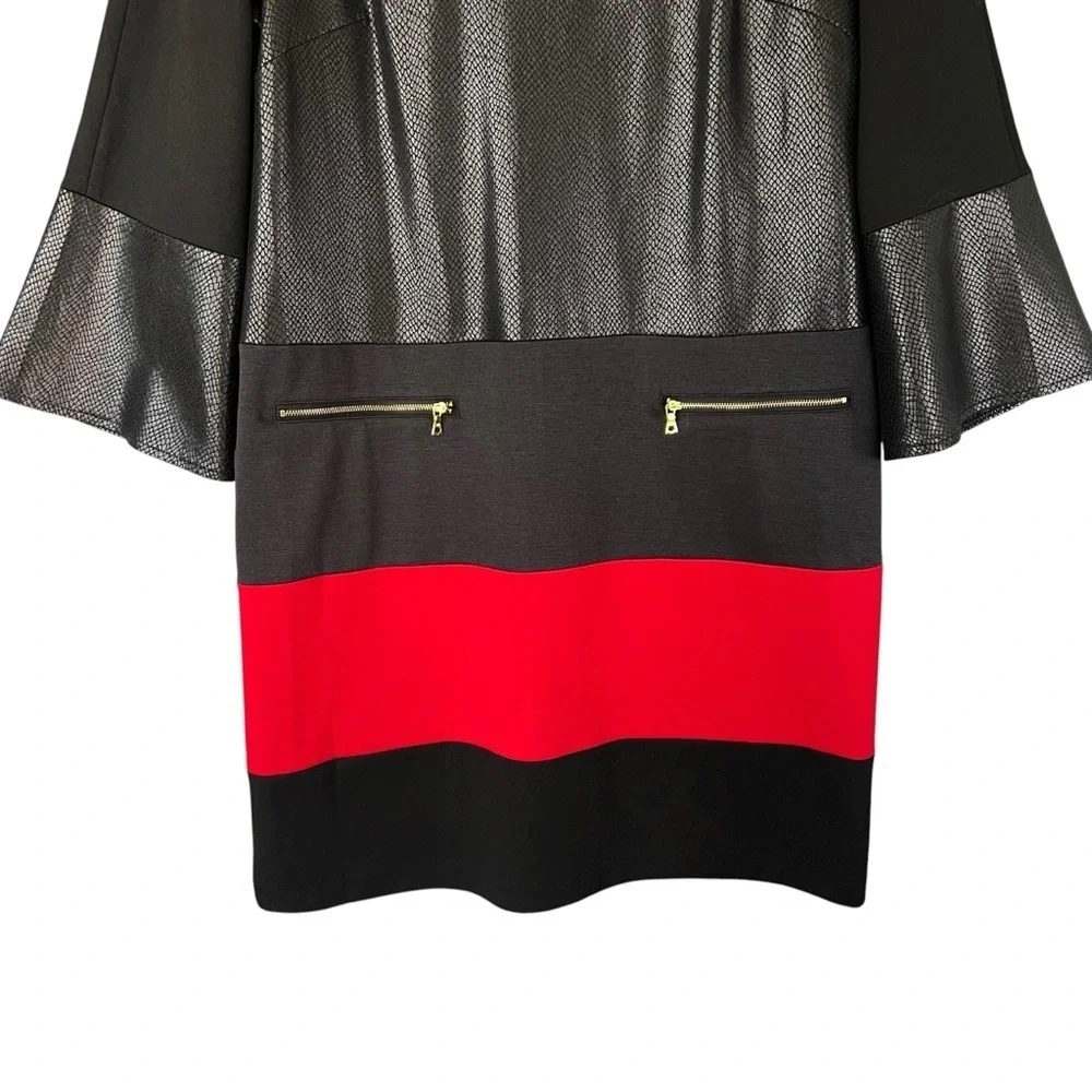 ICE Bell Sleeve Color Block Dress Faux Snakeskin Black Red Size 14